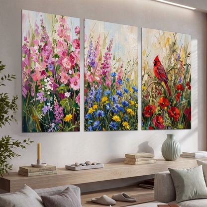 A bright red cardinal among vivid pink, blue and yellow wildflowers set of 3 poster prints displayed in a console