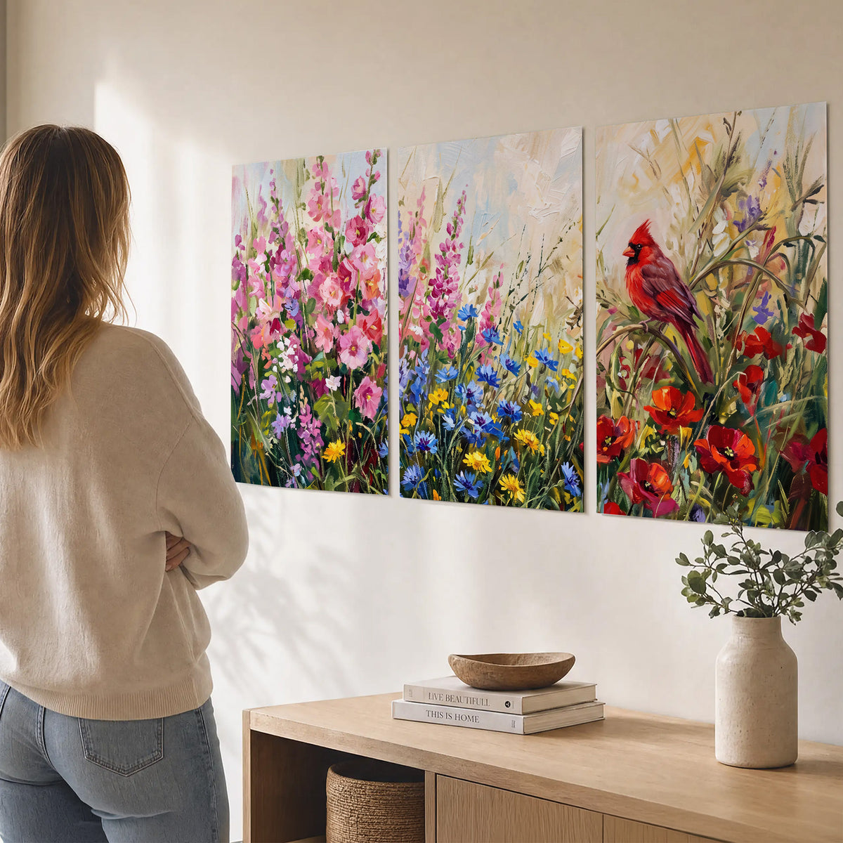 A bright red cardinal among vivid pink, blue and yellow wildflowers set of 3 poster prints three panel arrangement on a wall