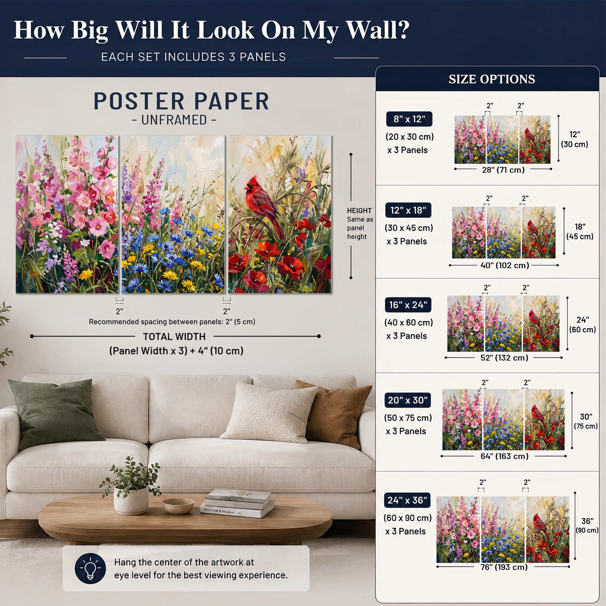 A bright red cardinal among vivid pink, blue and yellow wildflowers set of 3 poster prints size guide above a sofa; room view is illustrative