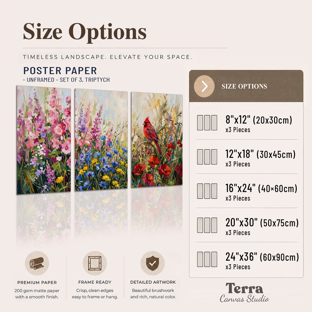 A bright red cardinal among vivid pink, blue and yellow wildflowers set of 3 poster prints available dimensions; triptych dimensions are per panel