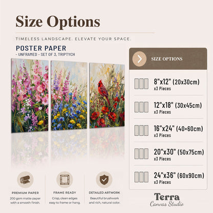 A bright red cardinal among vivid pink, blue and yellow wildflowers set of 3 poster prints available dimensions; triptych dimensions are per panel