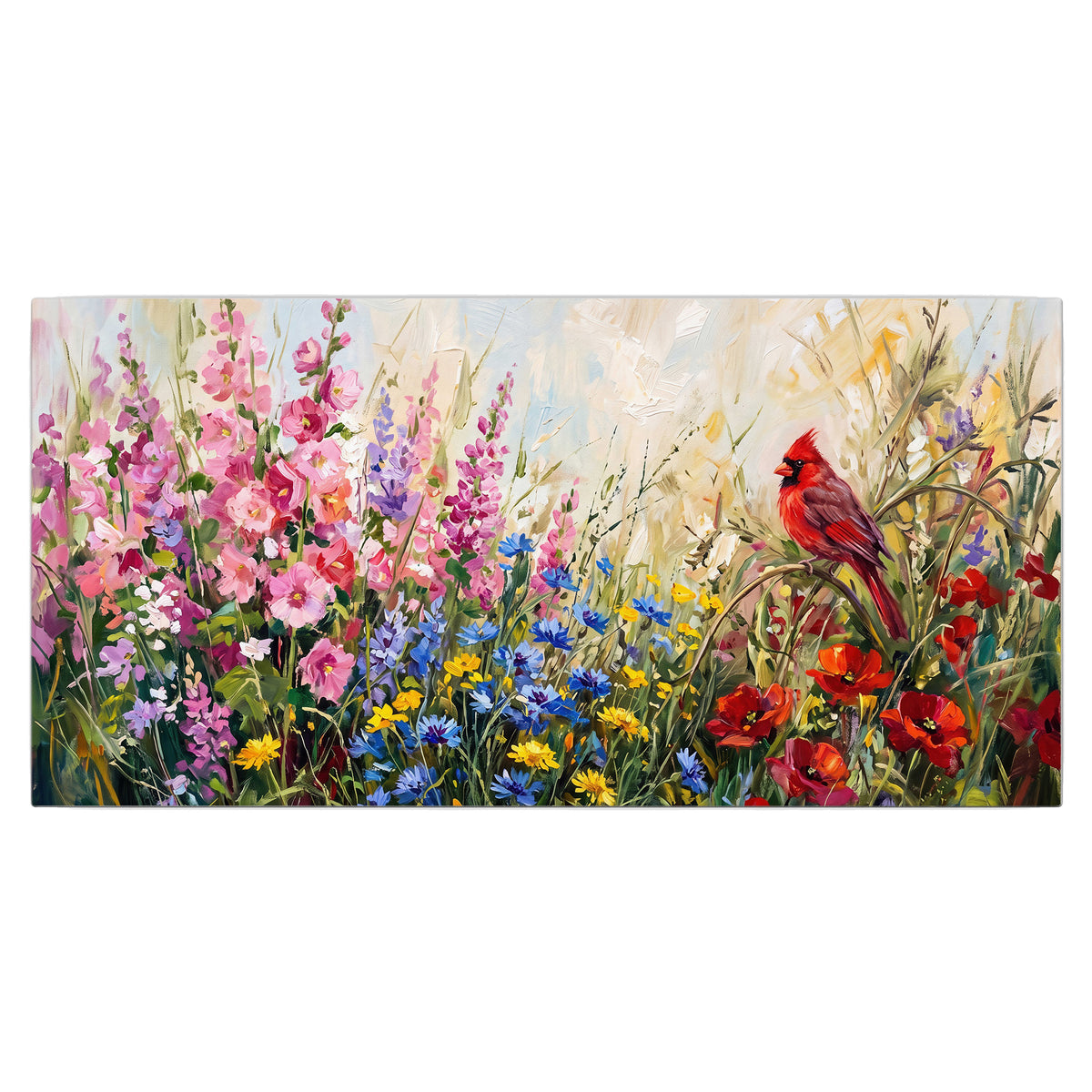 A bright red cardinal among vivid pink, blue and yellow wildflowers single canvas wall art viewed straight on