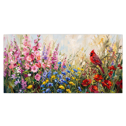 A bright red cardinal among vivid pink, blue and yellow wildflowers single canvas wall art viewed straight on
