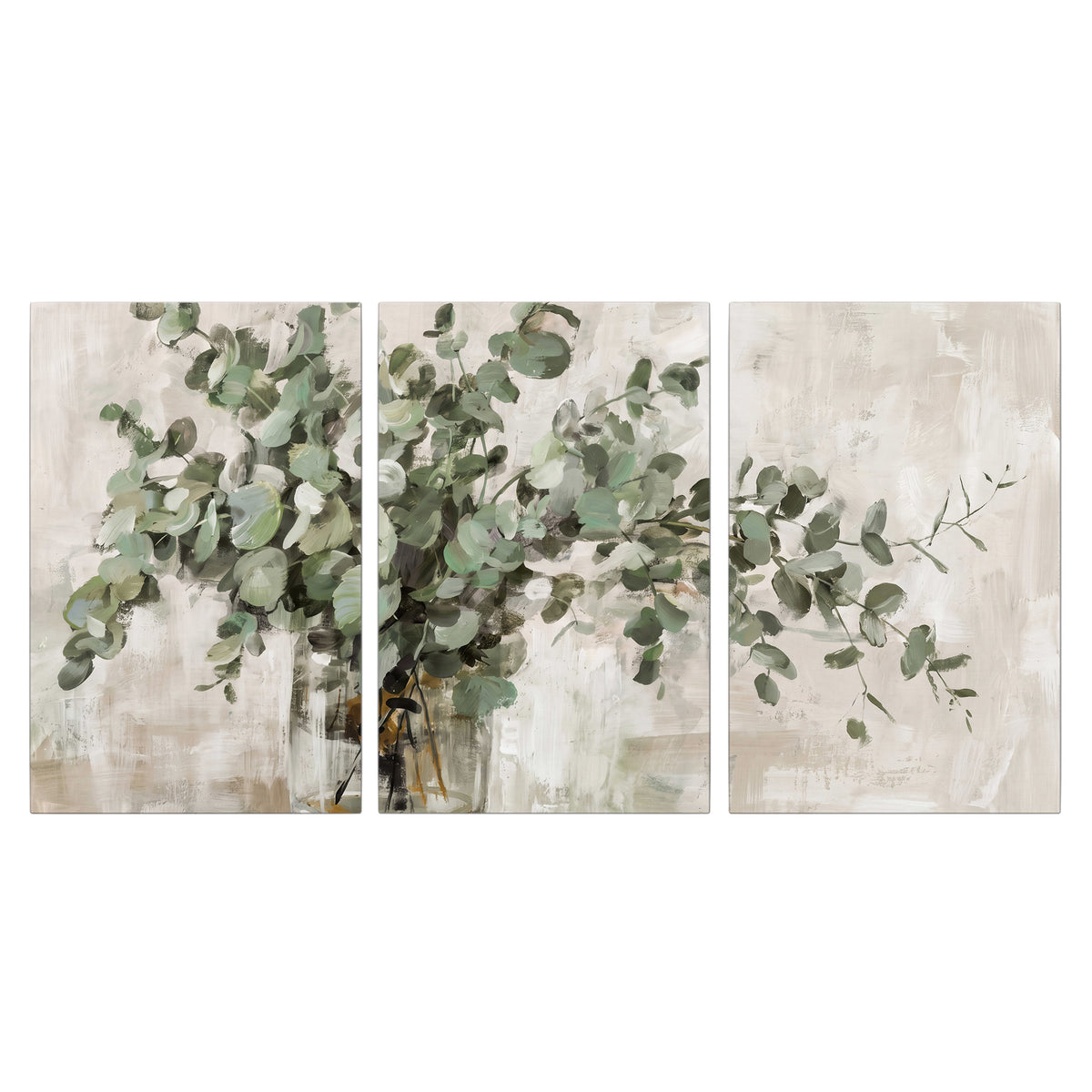 Soft sage eucalyptus leaves and pale stems on a warm cream background 3 piece canvas wall art viewed straight on