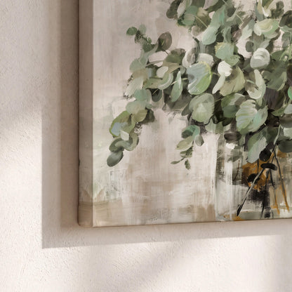 Soft sage eucalyptus leaves and pale stems on a warm cream background 3 piece canvas wall art material and edge close up