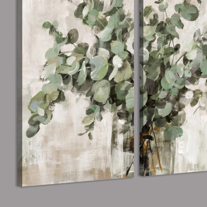 Soft sage eucalyptus leaves and pale stems on a warm cream background 3 piece canvas wall art room and product view