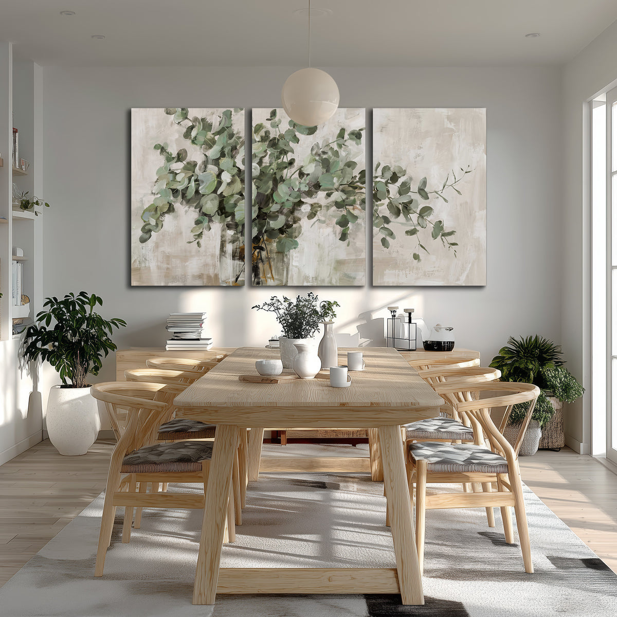 Soft sage eucalyptus leaves and pale stems on a warm cream background 3 piece canvas wall art room and product view