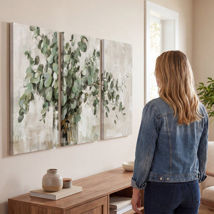 Soft sage eucalyptus leaves and pale stems on a warm cream background 3 piece canvas wall art three panel arrangement on a wall