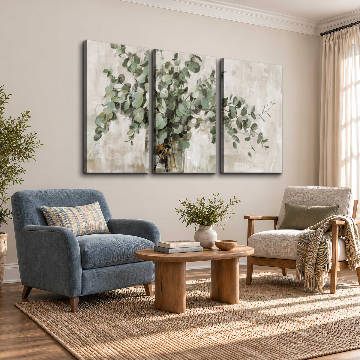 Soft sage eucalyptus leaves and pale stems on a warm cream background 3 piece canvas wall art styled in an interior