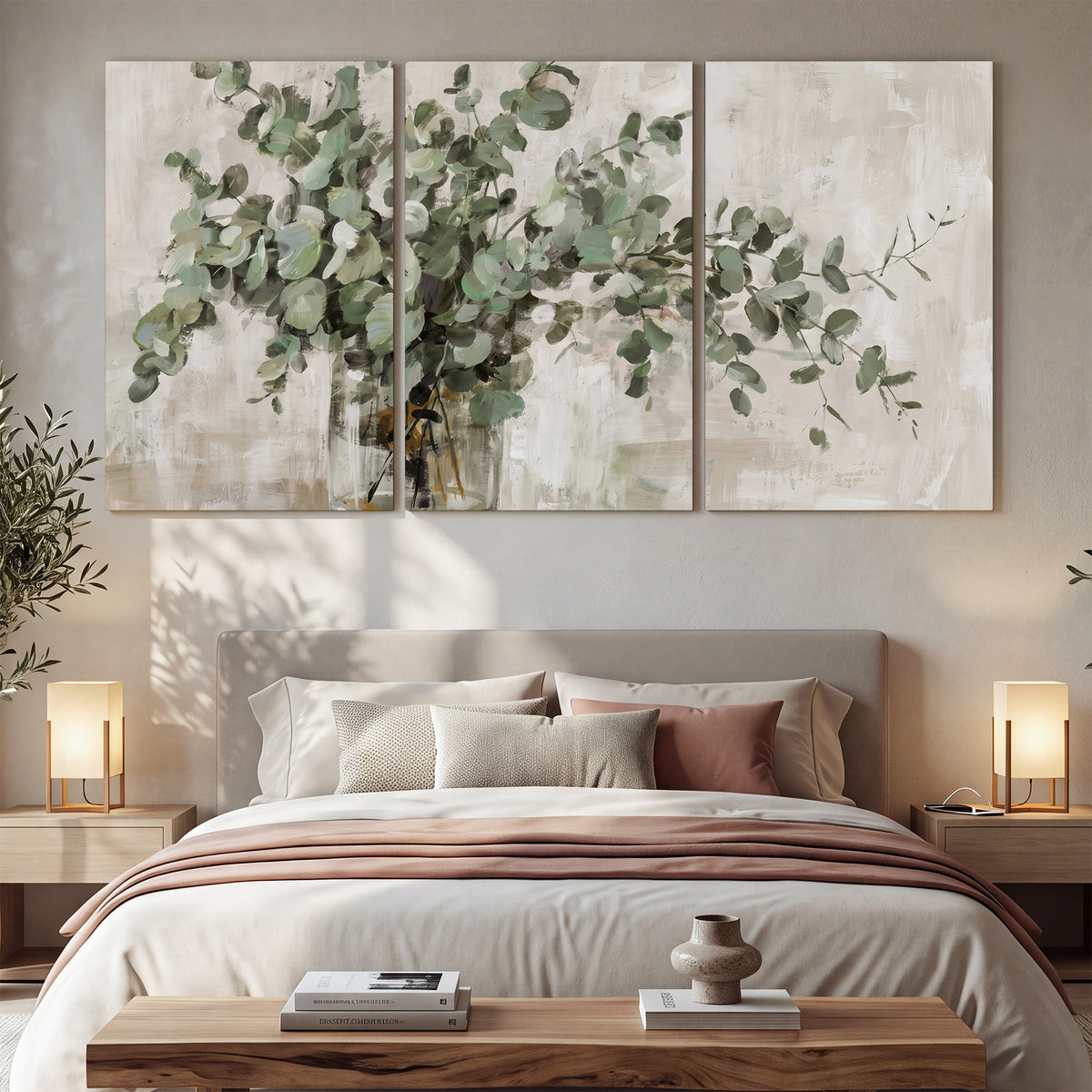 Soft sage eucalyptus leaves and pale stems on a warm cream background 3 piece canvas wall art displayed in a bedroom
