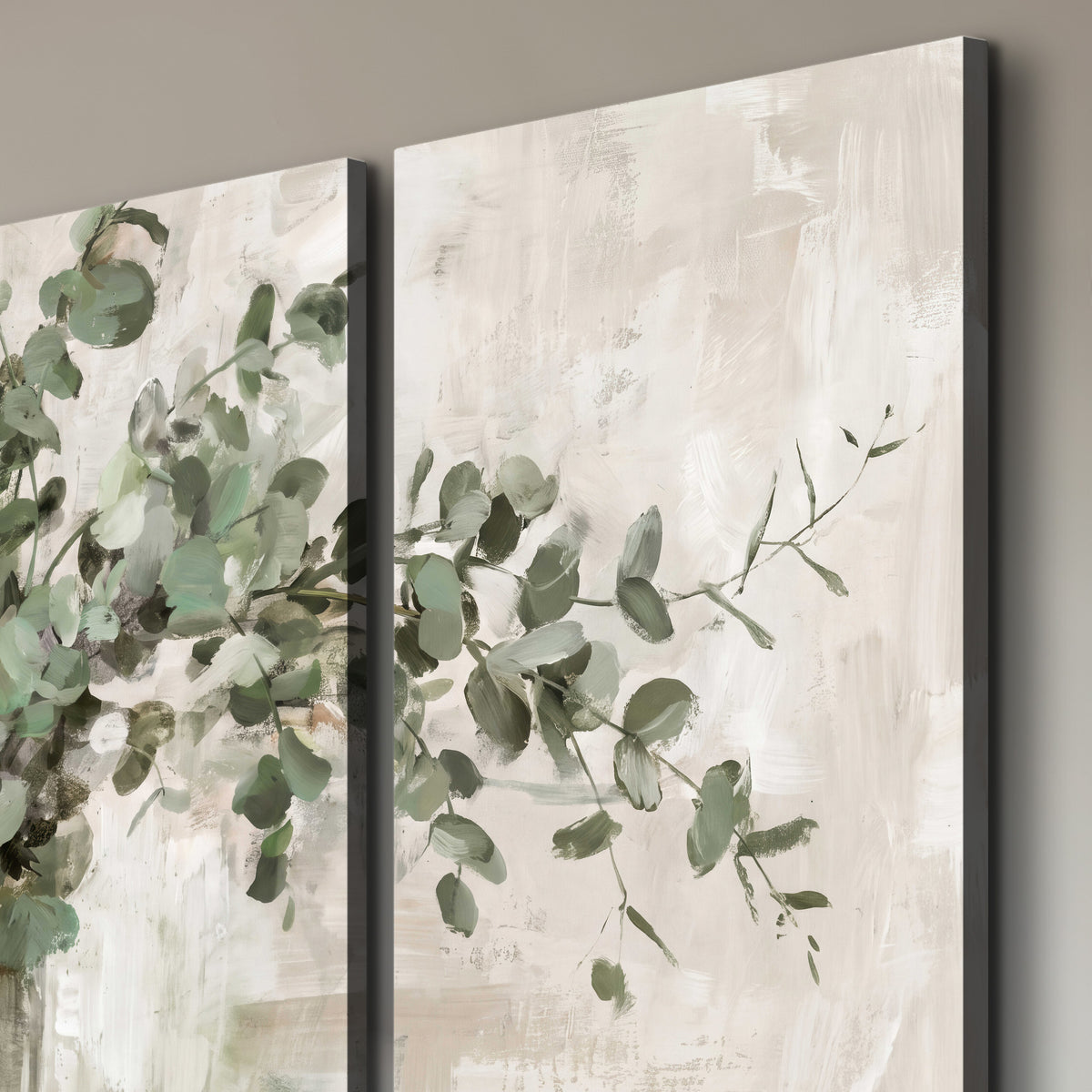 Soft sage eucalyptus leaves and pale stems on a warm cream background 3 piece canvas wall art room and product view