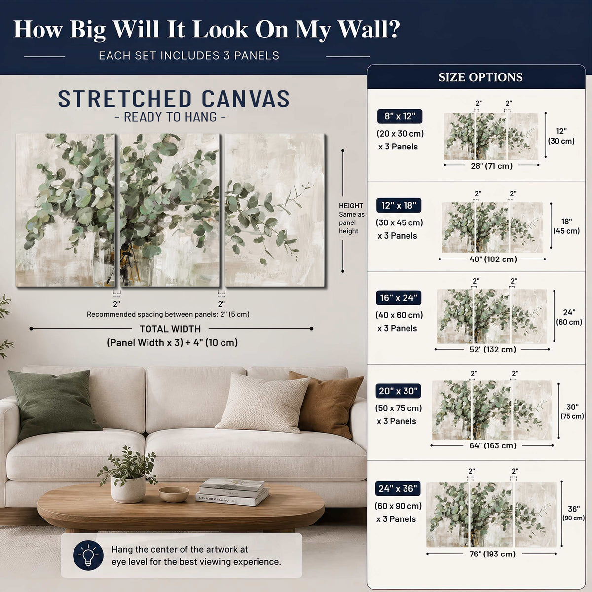 Soft sage eucalyptus leaves and pale stems on a warm cream background 3 piece canvas wall art size guide above a sofa; room view is illustrative