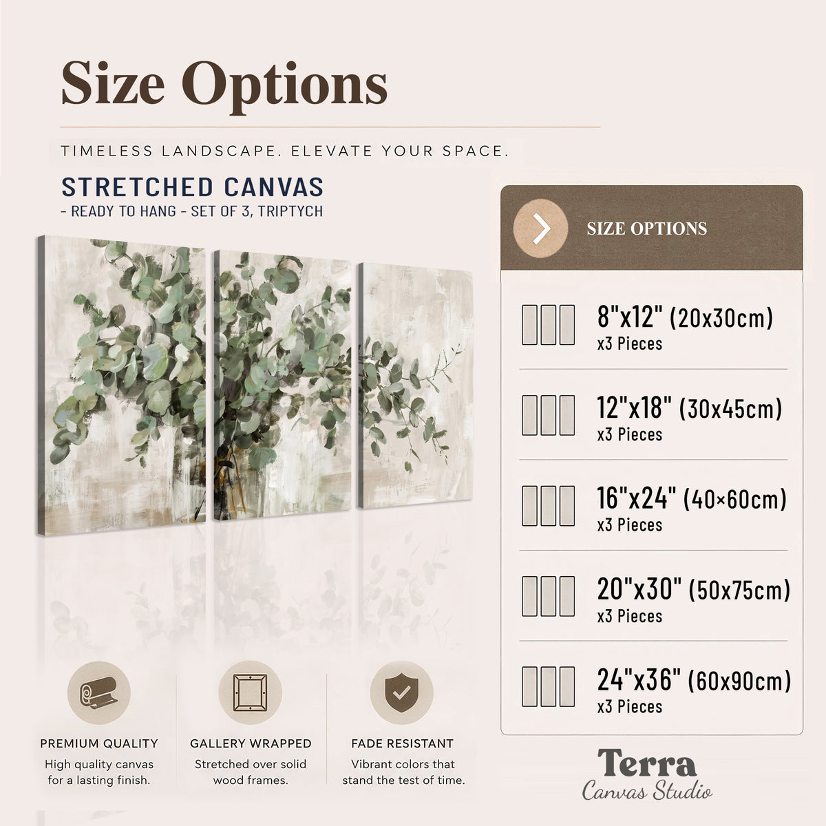 Soft sage eucalyptus leaves and pale stems on a warm cream background 3 piece canvas wall art available dimensions; triptych dimensions are per panel