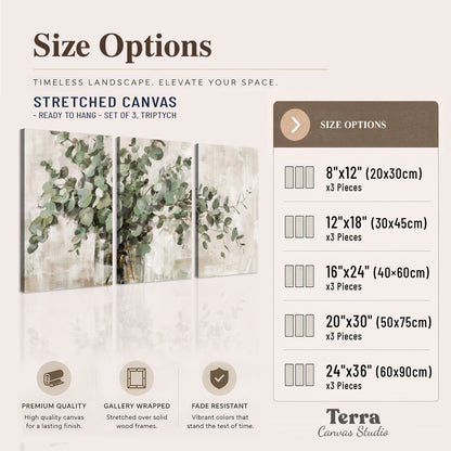 Soft sage eucalyptus leaves and pale stems on a warm cream background 3 piece canvas wall art available dimensions; triptych dimensions are per panel