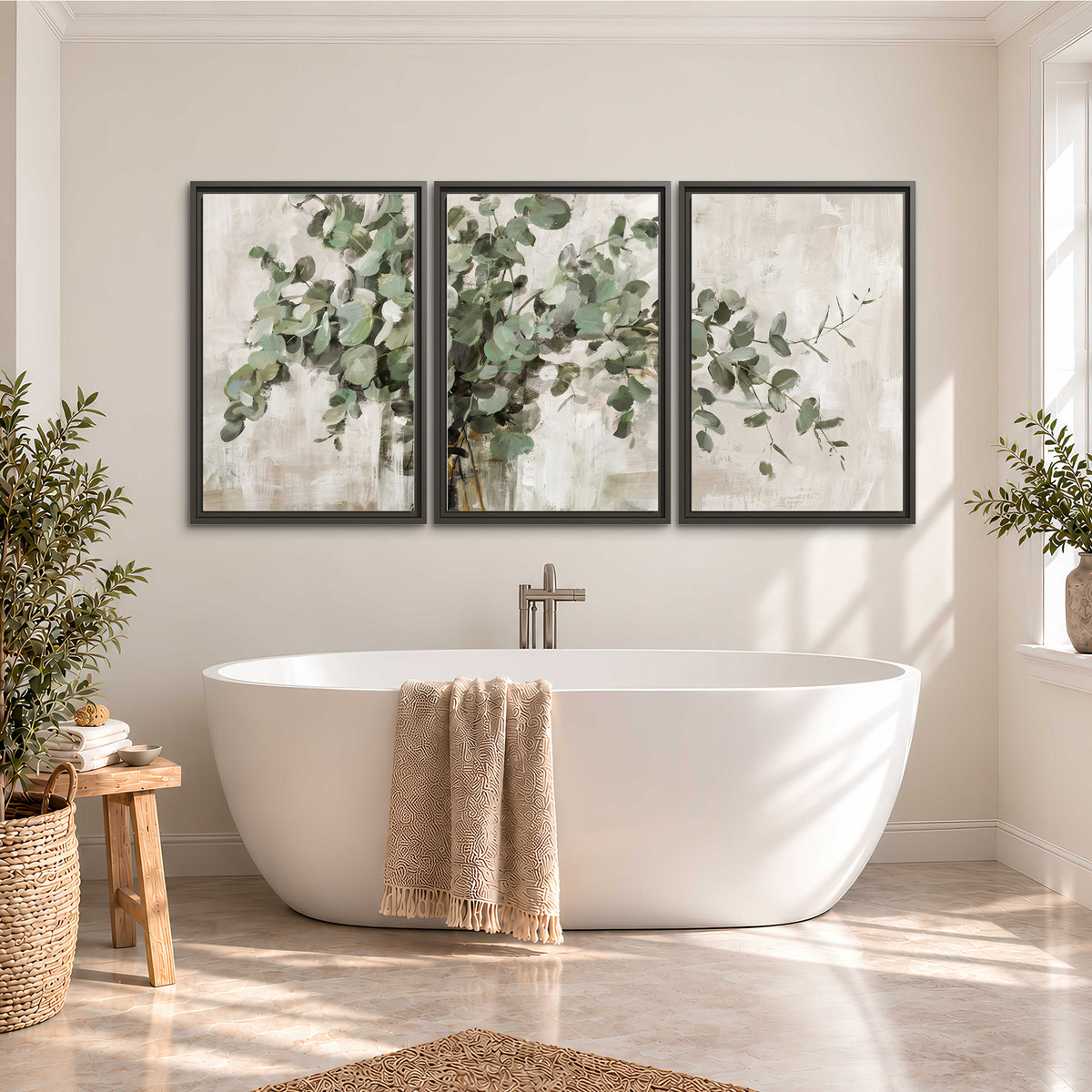Soft sage eucalyptus leaves and pale stems on a warm cream background 3 piece framed canvas wall art styled in an interior