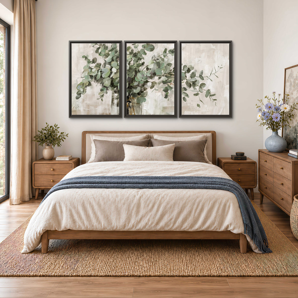 Soft sage eucalyptus leaves and pale stems on a warm cream background 3 piece framed canvas wall art styled in an interior