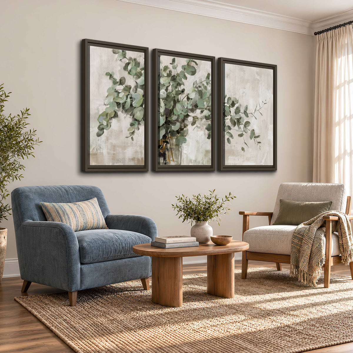 Soft sage eucalyptus leaves and pale stems on a warm cream background 3 piece framed canvas wall art styled in an interior