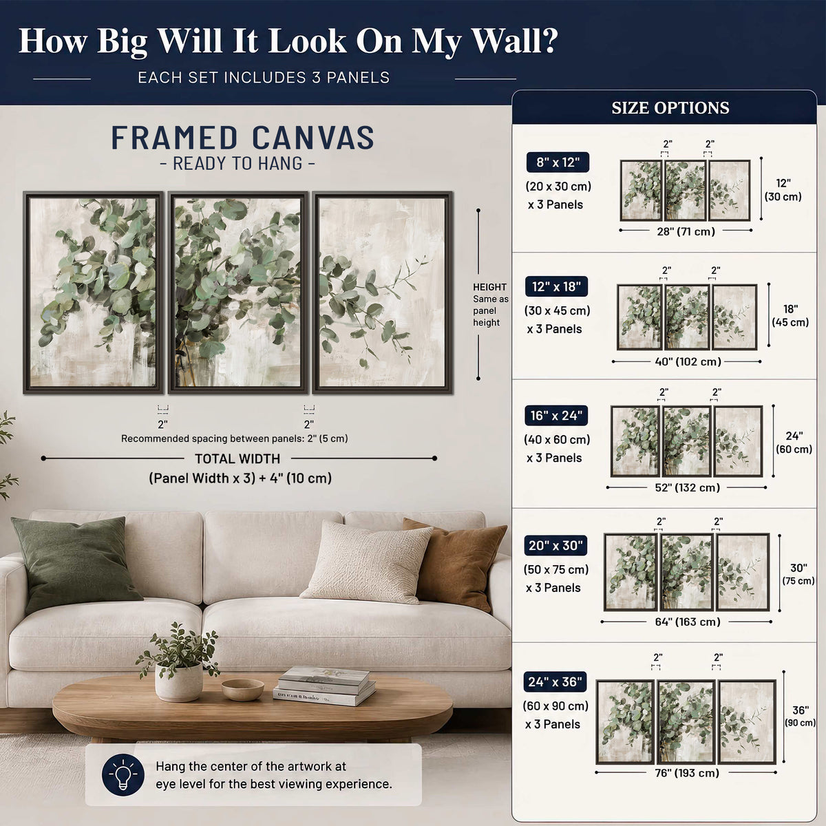 Soft sage eucalyptus leaves and pale stems on a warm cream background 3 piece framed canvas wall art size guide above a sofa; room view is illustrative