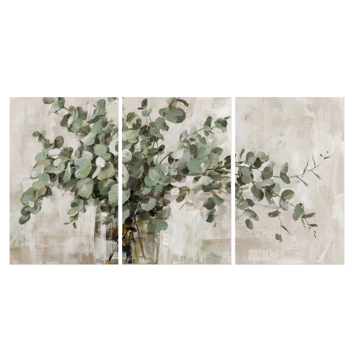 Soft sage eucalyptus leaves and pale stems on a warm cream background set of 3 poster prints viewed straight on