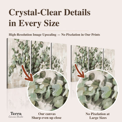 Soft sage eucalyptus leaves and pale stems on a warm cream background artwork quality information