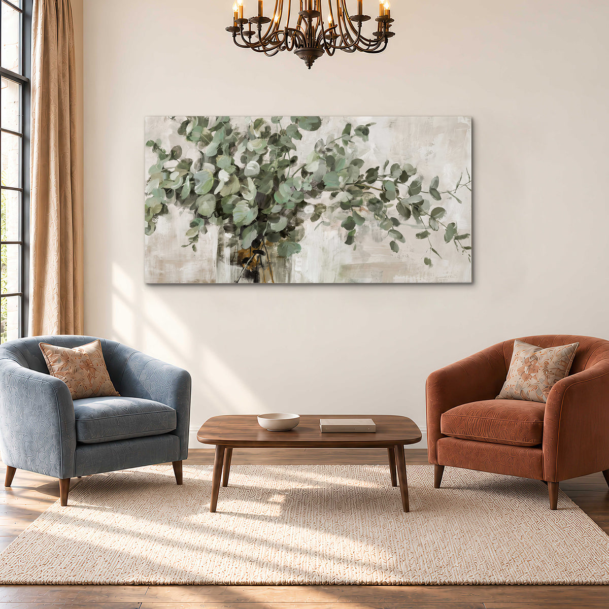 Soft sage eucalyptus leaves and pale stems on a warm cream background single canvas wall art styled in an interior