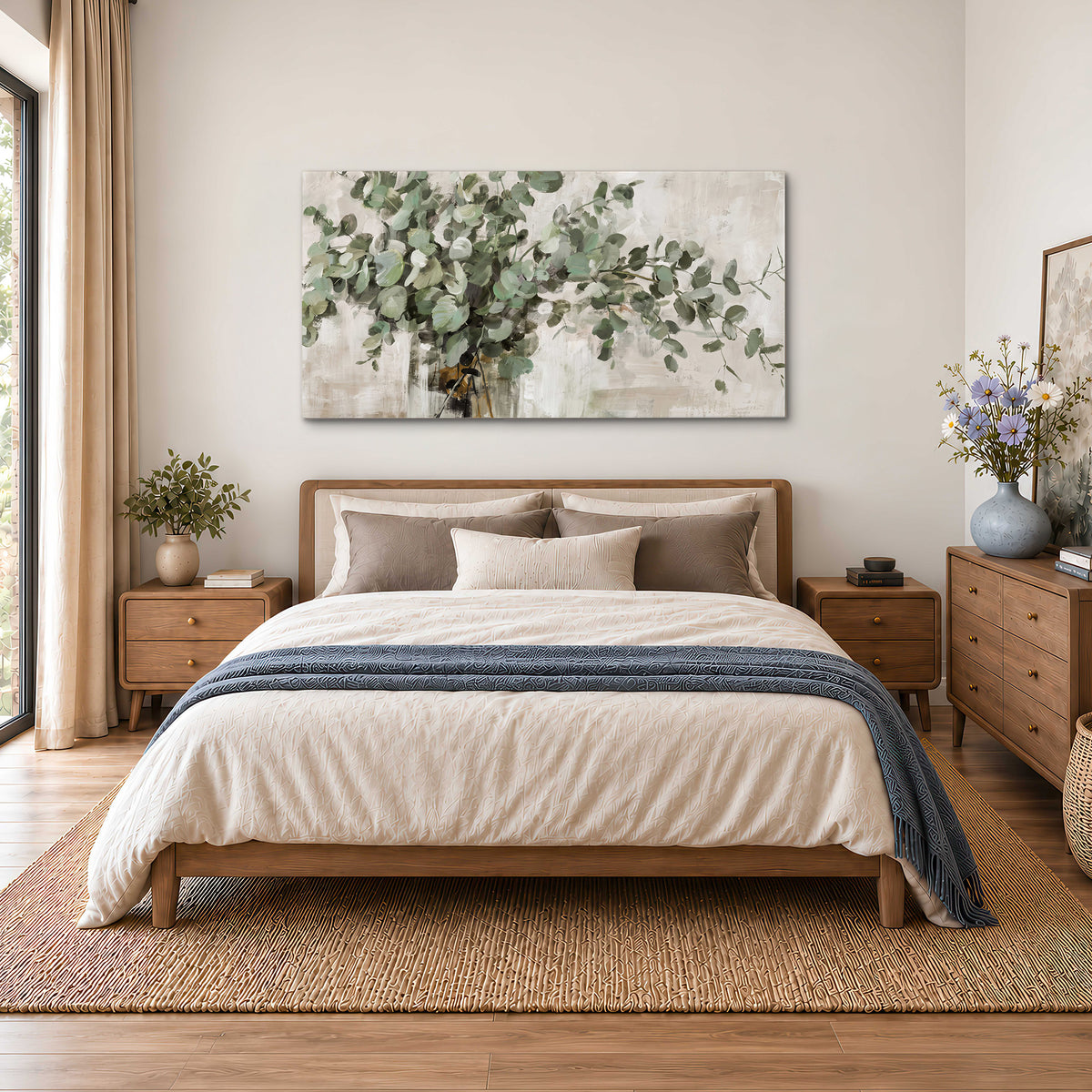 Soft sage eucalyptus leaves and pale stems on a warm cream background single canvas wall art styled in an interior