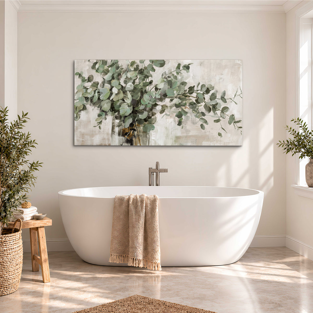 Soft sage eucalyptus leaves and pale stems on a warm cream background single canvas wall art styled in an interior