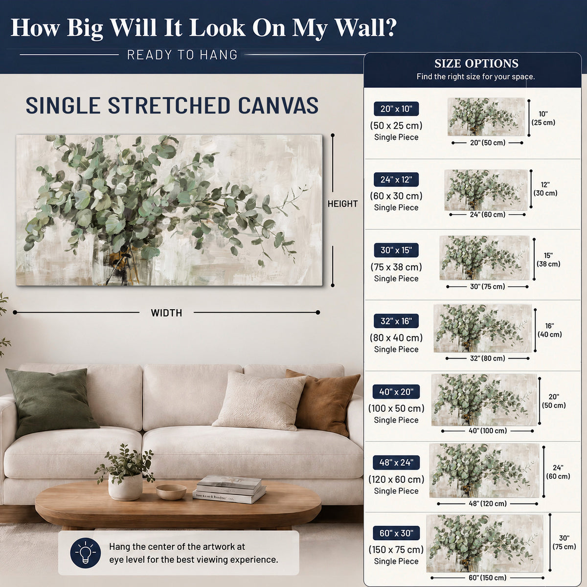 Soft sage eucalyptus leaves and pale stems on a warm cream background single canvas wall art size guide above a sofa; room view is illustrative
