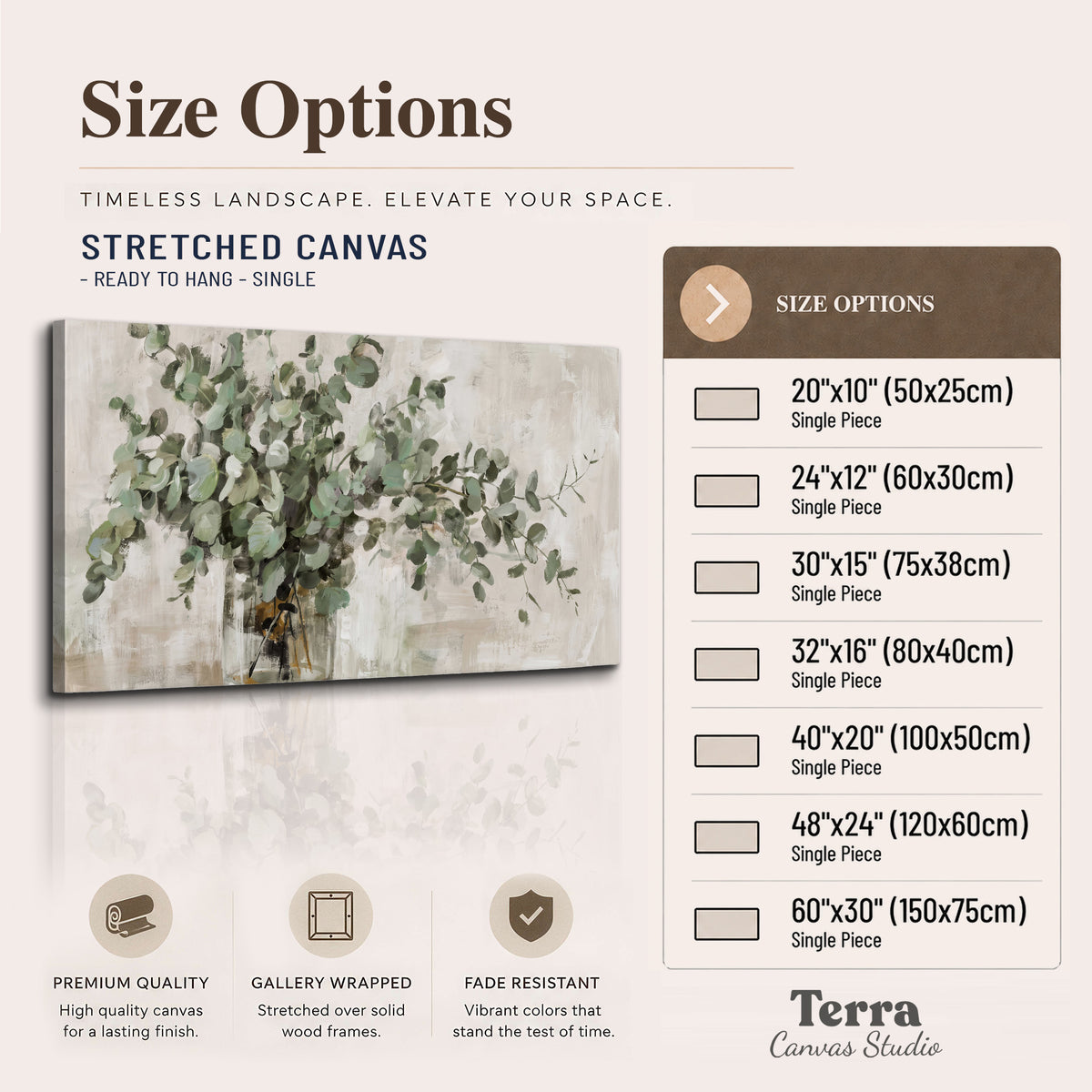Soft sage eucalyptus leaves and pale stems on a warm cream background single canvas wall art available dimensions