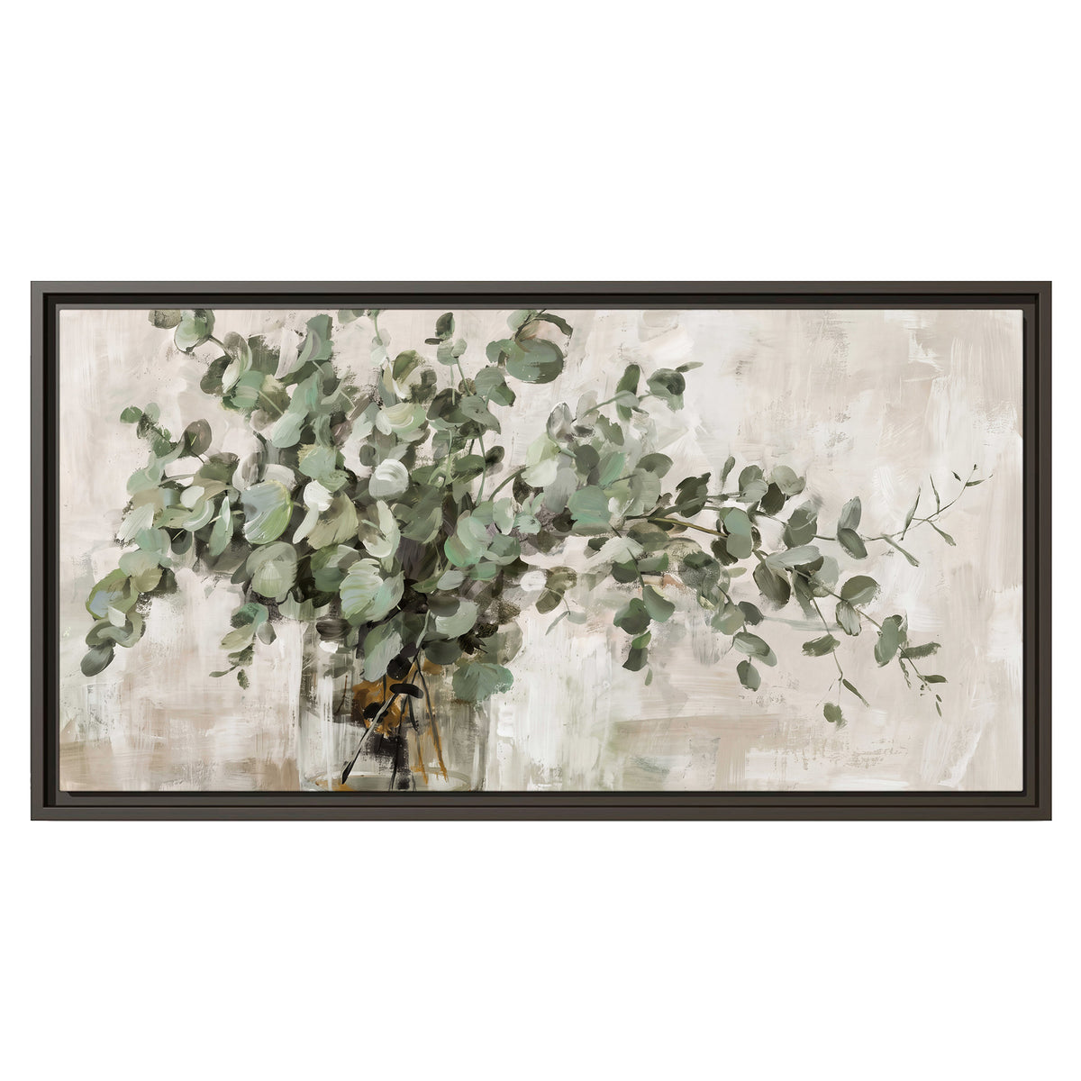 Soft sage eucalyptus leaves and pale stems on a warm cream background single framed canvas wall art viewed straight on
