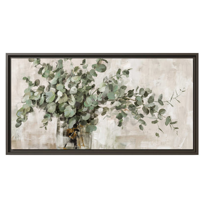 Soft sage eucalyptus leaves and pale stems on a warm cream background single framed canvas wall art viewed straight on