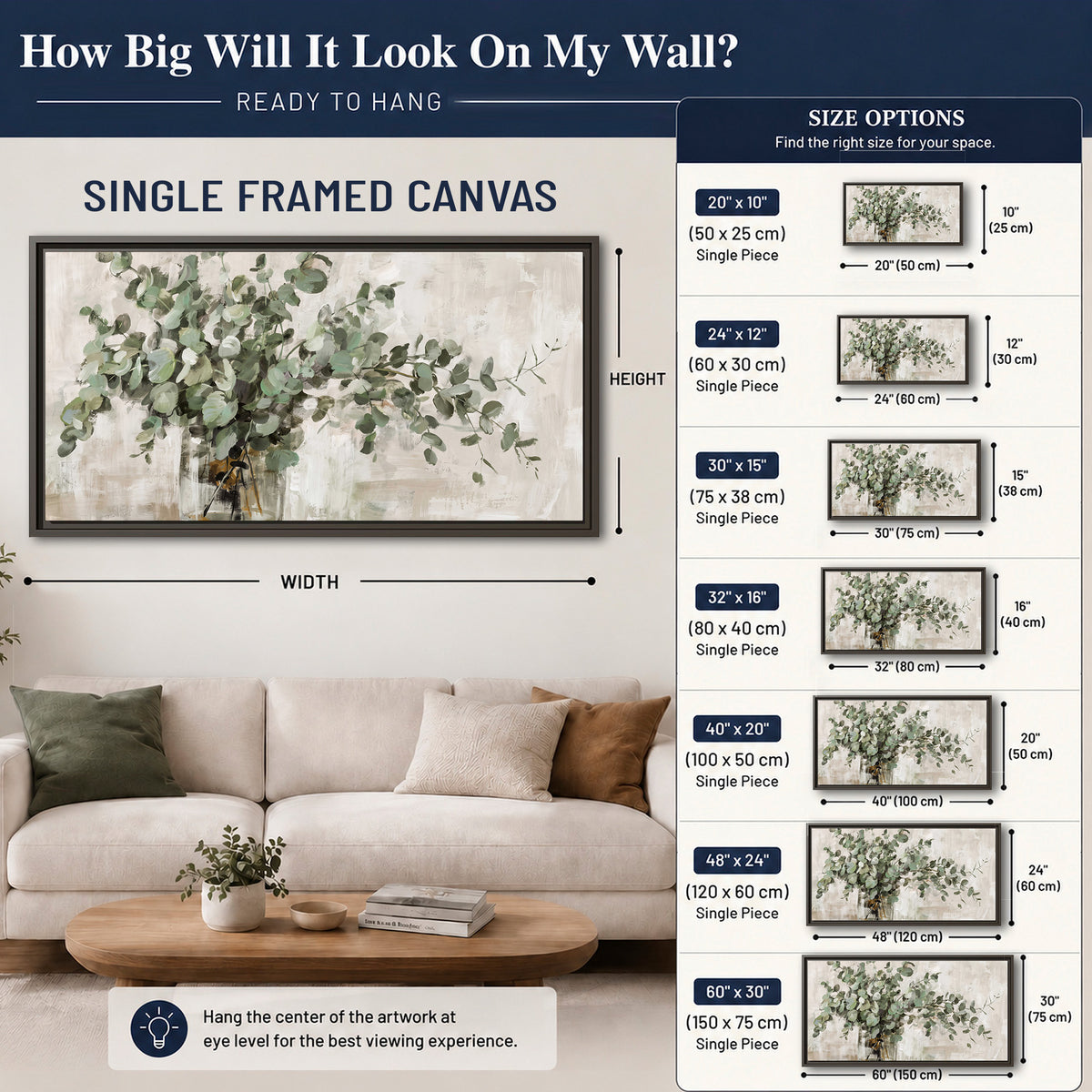 Soft sage eucalyptus leaves and pale stems on a warm cream background single framed canvas wall art size guide above a sofa; room view is illustrative