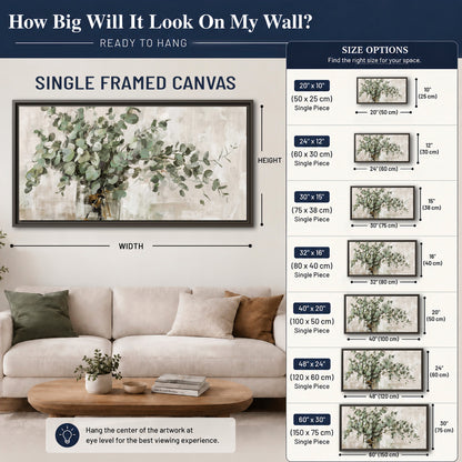Soft sage eucalyptus leaves and pale stems on a warm cream background single framed canvas wall art size guide above a sofa; room view is illustrative