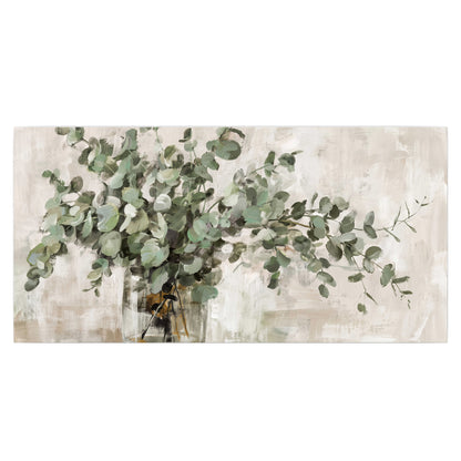 Soft sage eucalyptus leaves and pale stems on a warm cream background single poster print viewed straight on