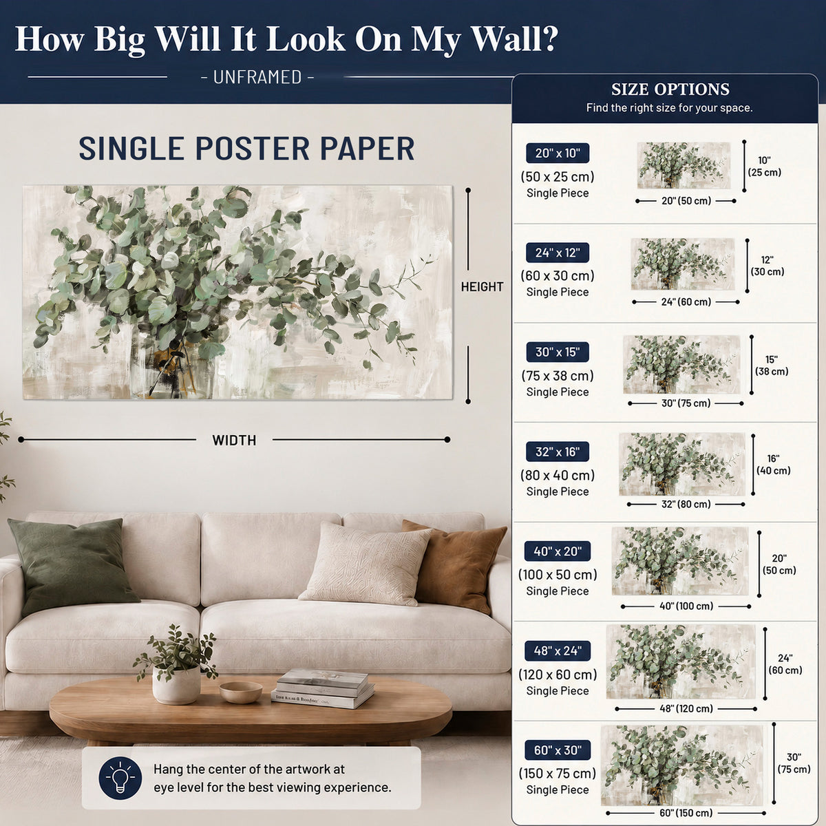 Soft sage eucalyptus leaves and pale stems on a warm cream background single poster print size guide above a sofa; room view is illustrative