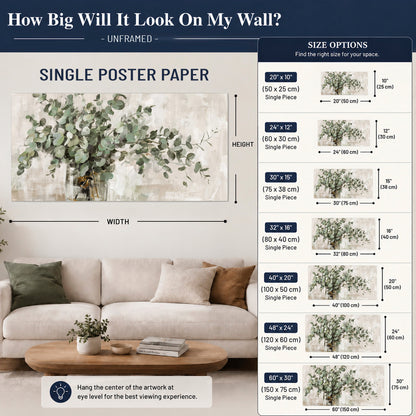 Soft sage eucalyptus leaves and pale stems on a warm cream background single poster print size guide above a sofa; room view is illustrative