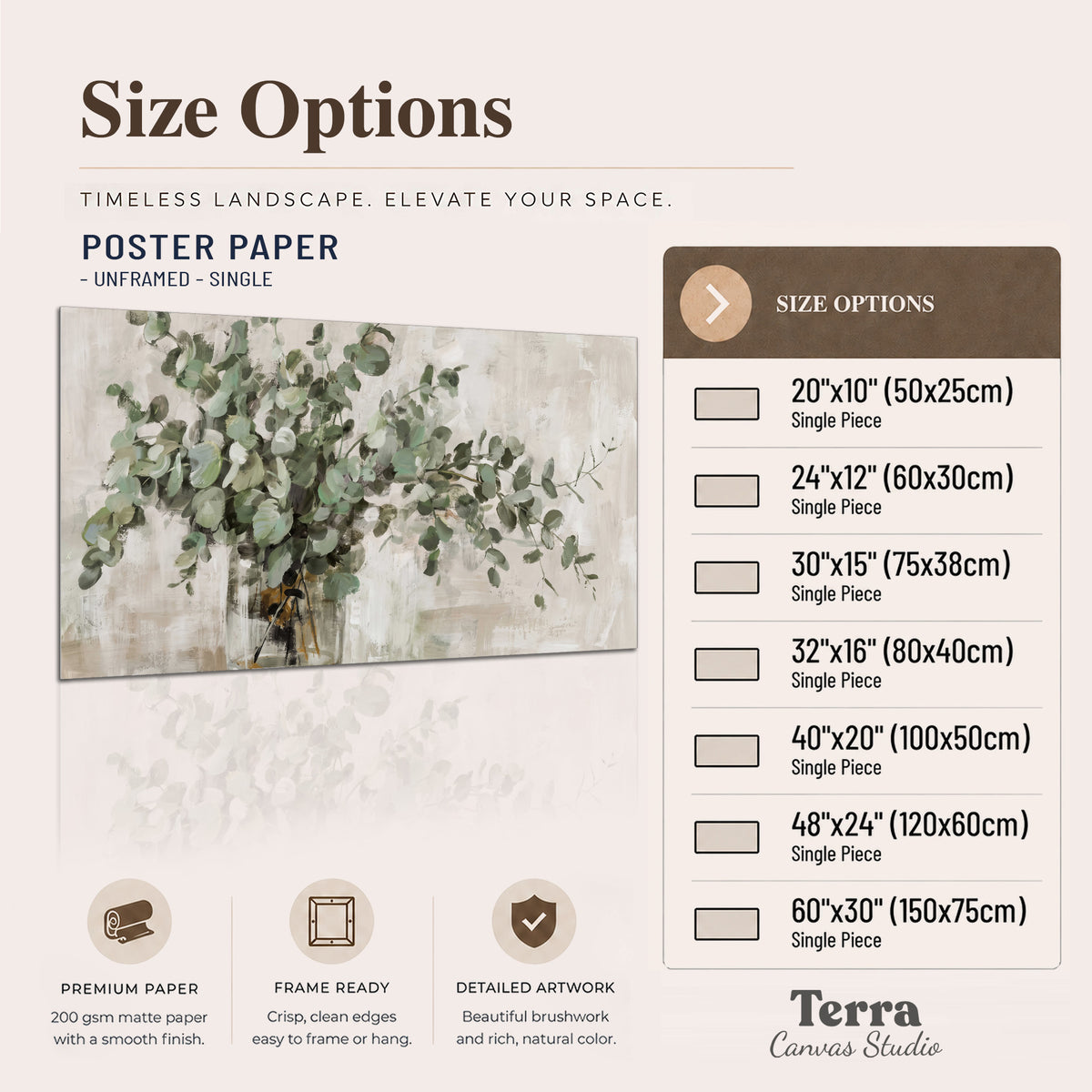 Soft sage eucalyptus leaves and pale stems on a warm cream background single poster print available dimensions