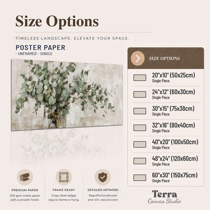 Soft sage eucalyptus leaves and pale stems on a warm cream background single poster print available dimensions