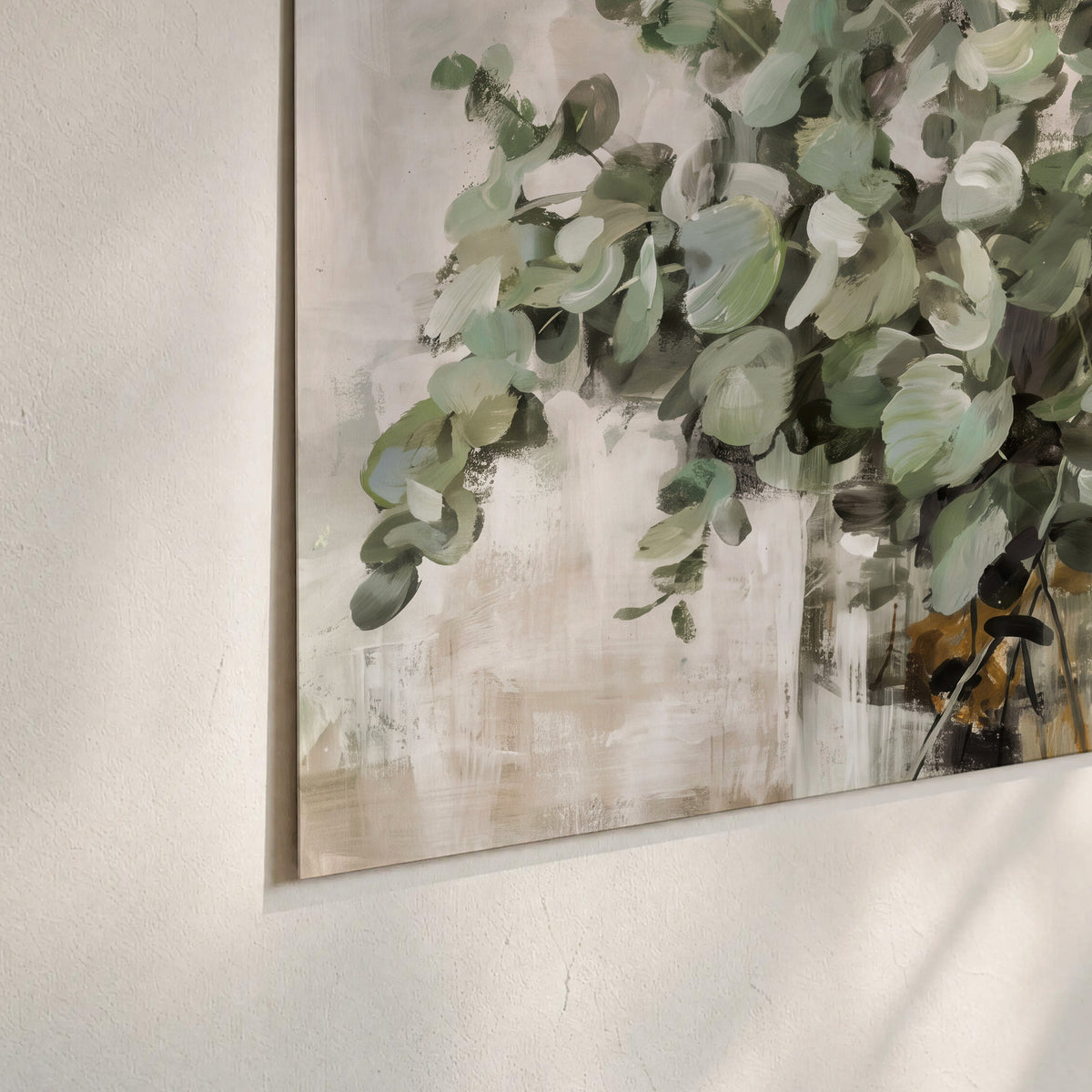 Soft sage eucalyptus leaves and pale stems on a warm cream background set of 3 poster prints material and edge close up