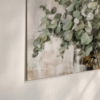 Soft sage eucalyptus leaves and pale stems on a warm cream background set of 3 poster prints material and edge close up