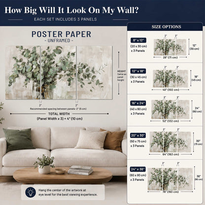 Soft sage eucalyptus leaves and pale stems on a warm cream background set of 3 poster prints size guide above a sofa; room view is illustrative
