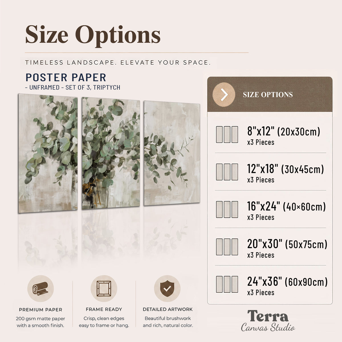 Soft sage eucalyptus leaves and pale stems on a warm cream background set of 3 poster prints available dimensions; triptych dimensions are per panel