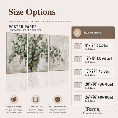 Soft sage eucalyptus leaves and pale stems on a warm cream background set of 3 poster prints available dimensions; triptych dimensions are per panel