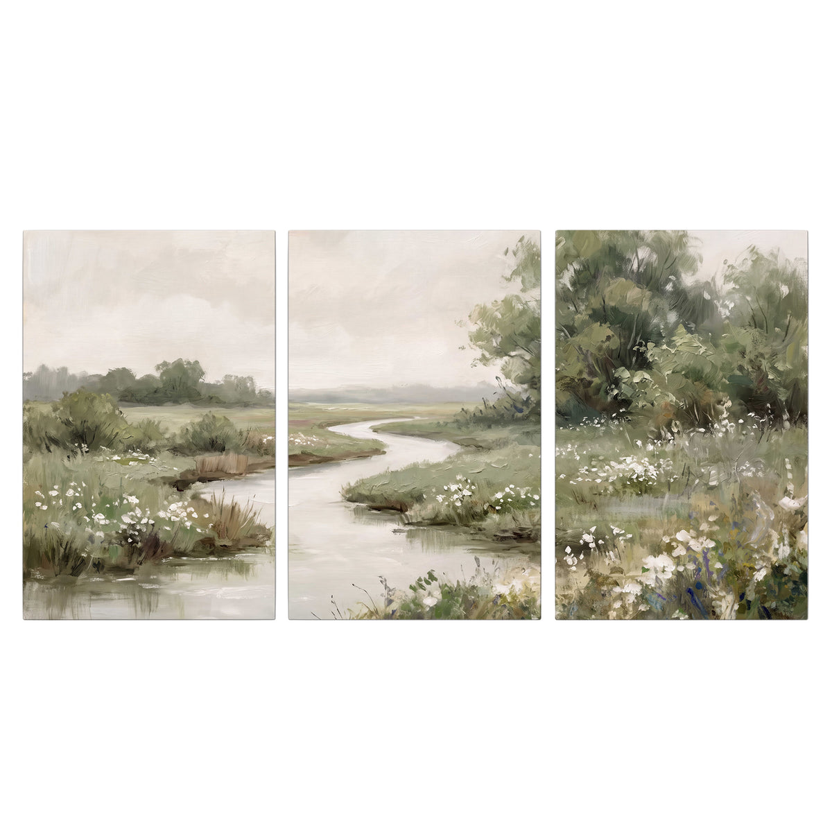 A narrow winding stream through quiet green meadows and trees 3 piece canvas wall art viewed straight on
