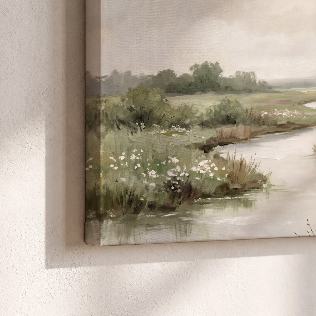 A narrow winding stream through quiet green meadows and trees 3 piece canvas wall art material and edge close up