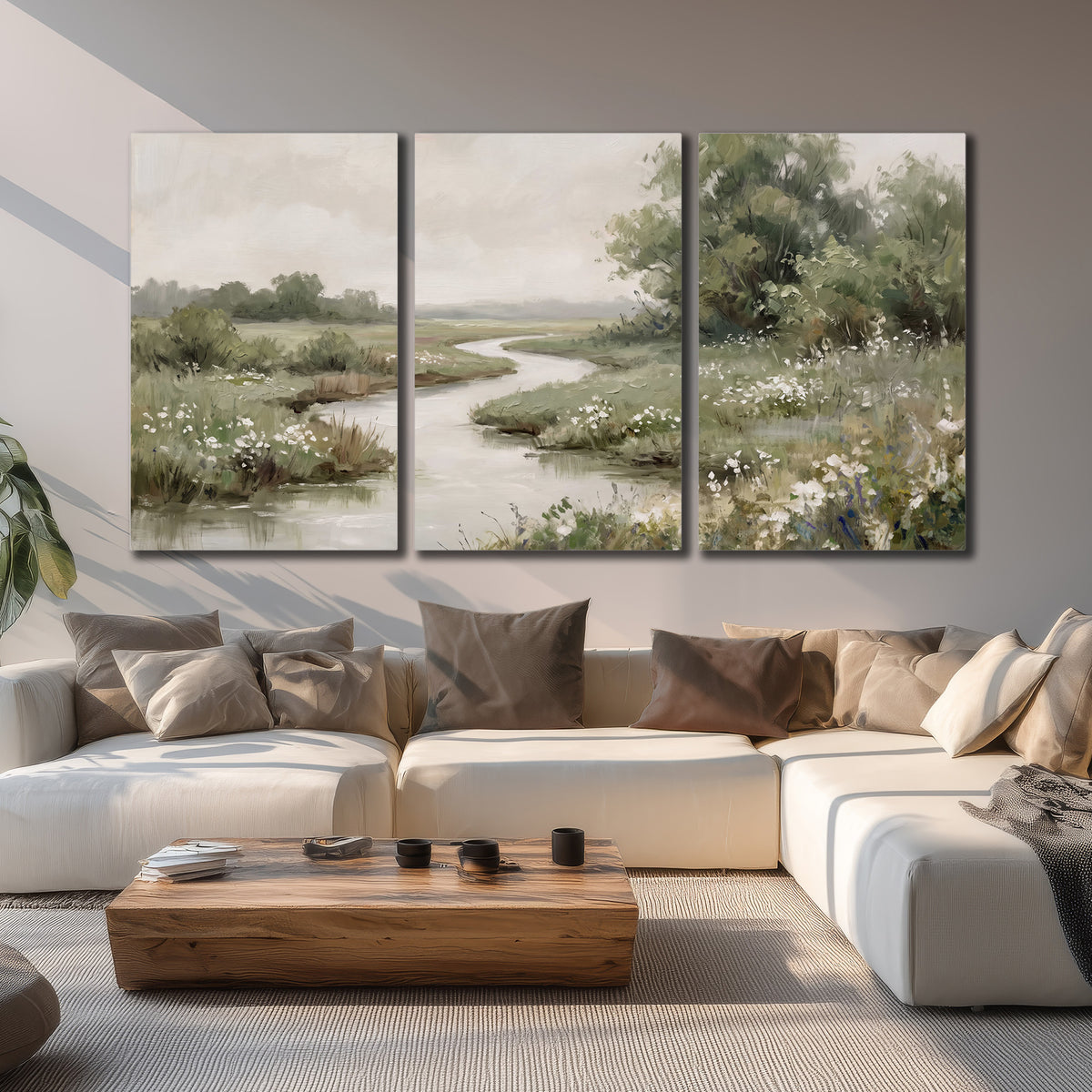 A narrow winding stream through quiet green meadows and trees 3 piece canvas wall art displayed in a living room