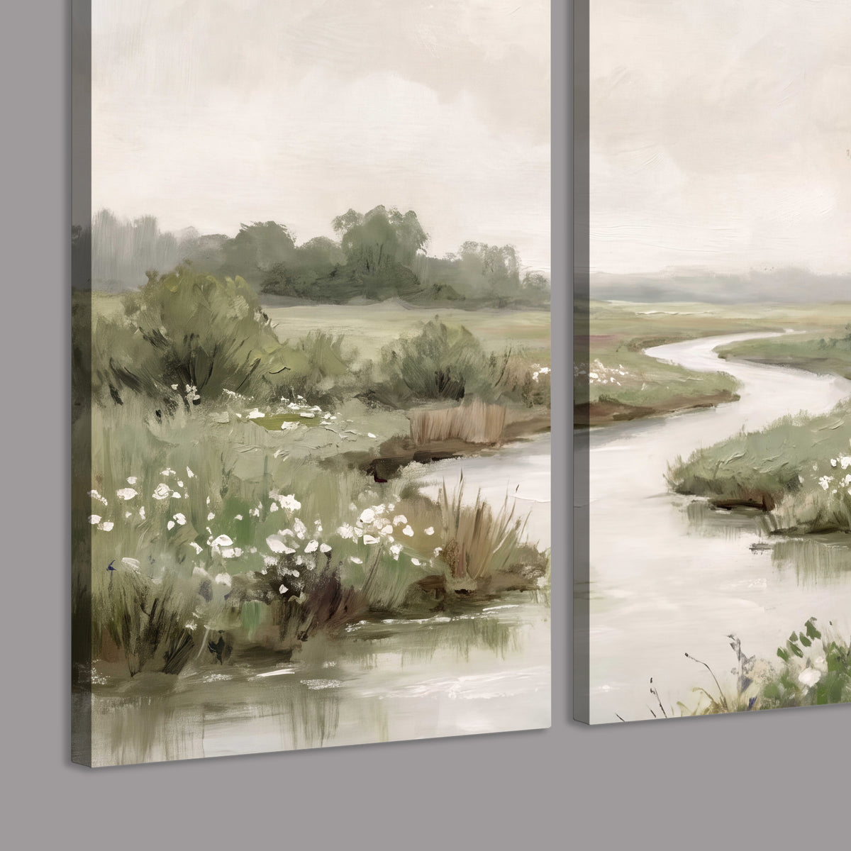 A narrow winding stream through quiet green meadows and trees 3 piece canvas wall art room and product view