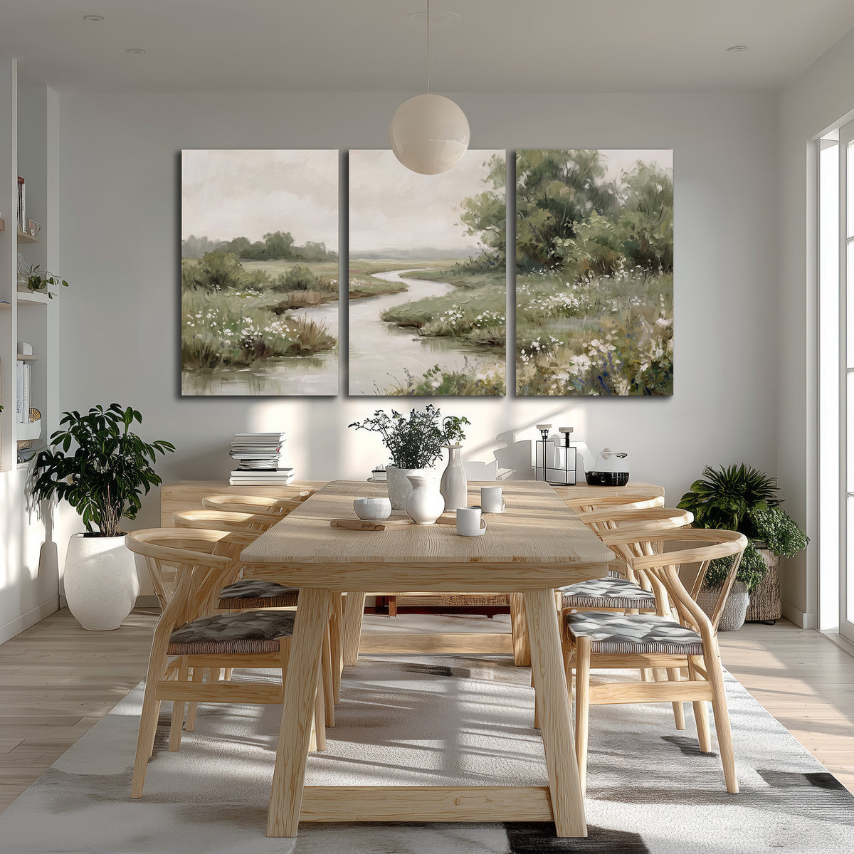 A narrow winding stream through quiet green meadows and trees 3 piece canvas wall art room and product view