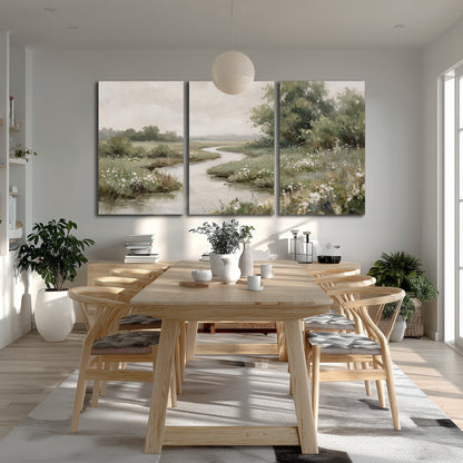 A narrow winding stream through quiet green meadows and trees 3 piece canvas wall art room and product view