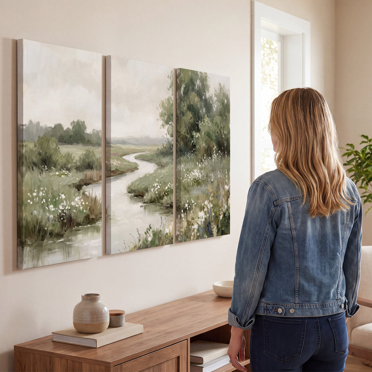 A narrow winding stream through quiet green meadows and trees 3 piece canvas wall art three panel arrangement on a wall